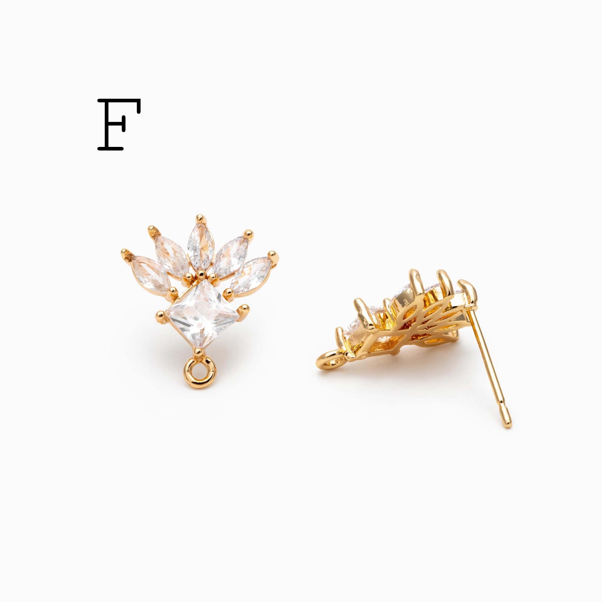 4pcs CZ Pave Gold Flower Leaf Earring With Loop, Gold Plated Brass Stud Earrings (GB-1205)